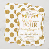 Gold Glitter Sparkle Fourth Birthday Invite Kaart (Voorkant / Achterkant)