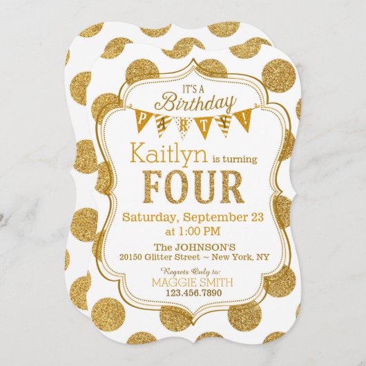 Gold Glitter Sparkle Fourth Birthday Invite Kaart (Voorkant / Achterkant)