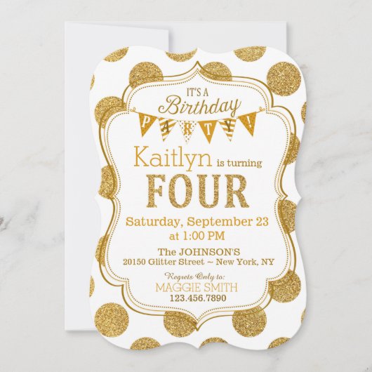 Gold Glitter Sparkle Fourth Birthday Invite Kaart (Voorkant)