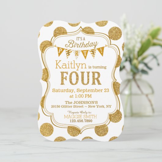 Gold Glitter Sparkle Fourth Birthday Invite Kaart (Staand voorkant)