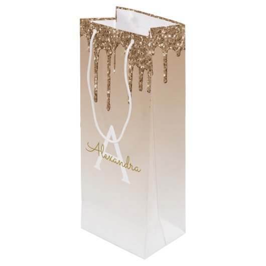Gold Glitter & Sparkle Luxury Monogram Wijn Cadeautas (Achterkant Gekanteld)