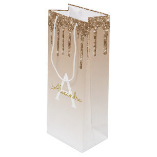 Gold Glitter & Sparkle Luxury Monogram Wijn Cadeautas