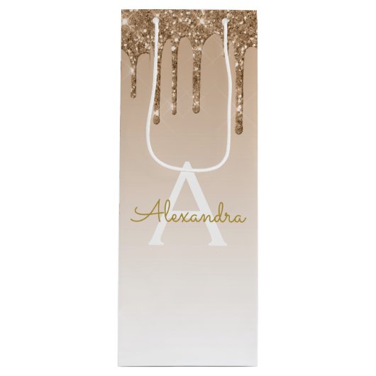 Gold Glitter & Sparkle Luxury Monogram Wijn Cadeautas (Voorkant)