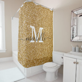 Gold Glitter Sparkle Script Monogram Douchegordijn