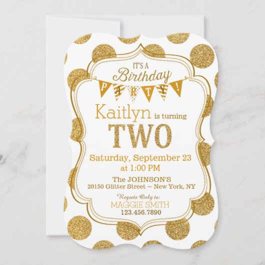 Gold Glitter Sparkle Second Birthday Invite Kaart (Voorkant)