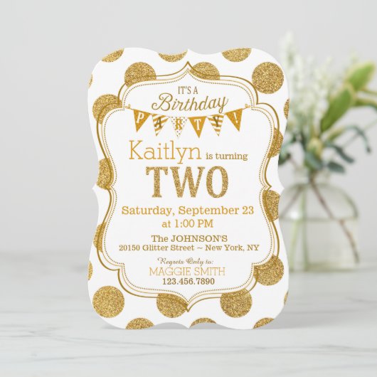 Gold Glitter Sparkle Second Birthday Invite Kaart (Staand voorkant)