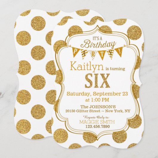 Gold Glitter Sparkle Zesde Verjaardag Uitnodigen Kaart (Voorkant / Achterkant)