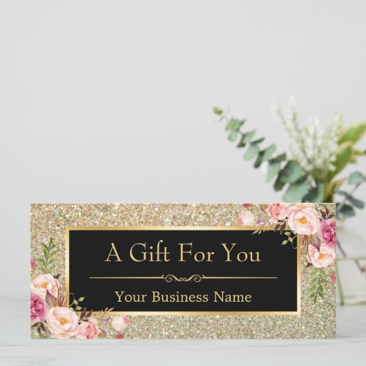 Gold Glitter Sparkles Floral Cadeat Certificate Ka (Staand voorkant)