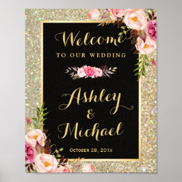 Gold Glitter Sparkles Floral Wedal Welcome Sign Poster