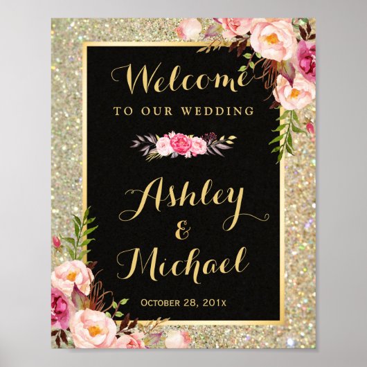 Gold Glitter Sparkles Floral Wedal Welcome Sign Poster (Voorkant)