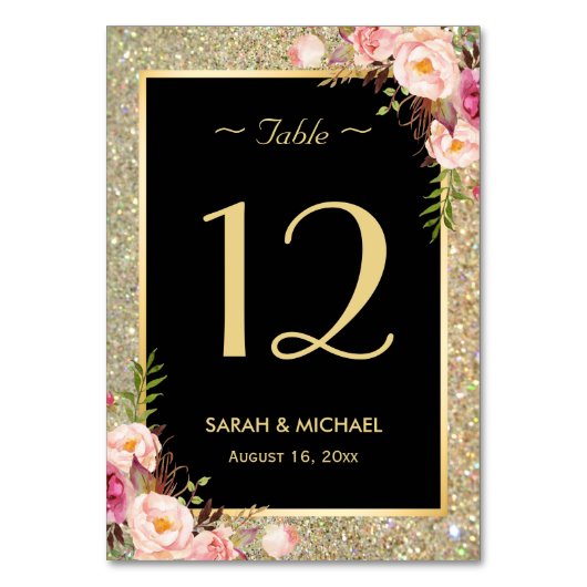 Gold Glitter Sparkles Floral Wedding Table Number Kaart (Achterkant)