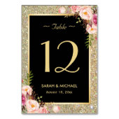 Gold Glitter Sparkles Floral Wedding Table Number Kaart (Voorkant)