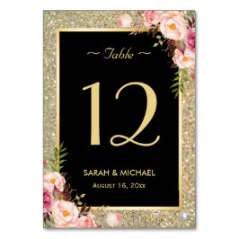 Gold Glitter Sparkles Floral Wedding Table Number Kaart