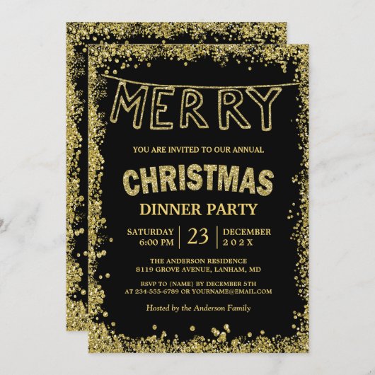Gold Glitter Sparkles Merry Kerstfeest Dinner part Kaart (Voorkant / Achterkant)