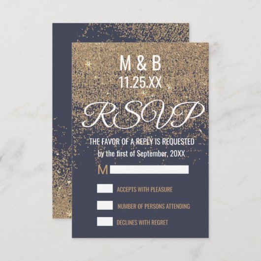 Gold Glitter Sparkles Navy Blue RSVP (Voorkant / Achterkant)