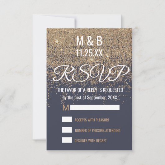 Gold Glitter Sparkles Navy Blue RSVP Kaartje (Voorkant)