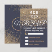 Gold Glitter Sparkles Navy Blue RSVP Kaartje (Voorkant / Achterkant)