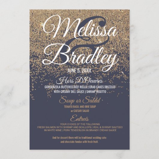 Gold Glitter Sparkles Navy Blue Wedding Menu (Voorkant)
