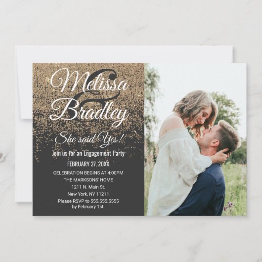 Gold Glitter Sparkles Zwart Verloving Kaart (Voorkant)