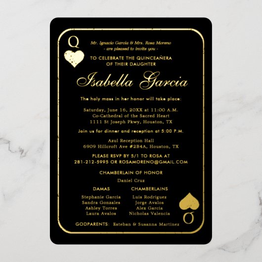 Gold Glitter-spelkaart | Las Vegas Quinceañera Folie Uitnodiging (Voorkant)