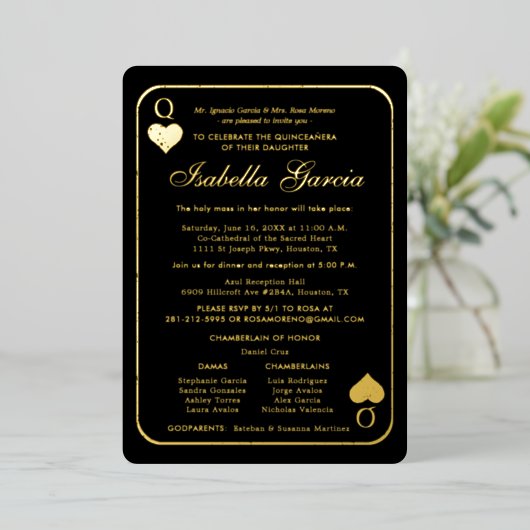Gold Glitter-spelkaart | Las Vegas Quinceañera Folie Uitnodiging (Staand Voorkant)