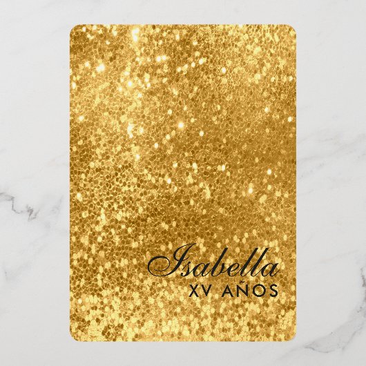 Gold Glitter-spelkaart | Las Vegas Quinceañera Folie Uitnodiging (Achterkant)