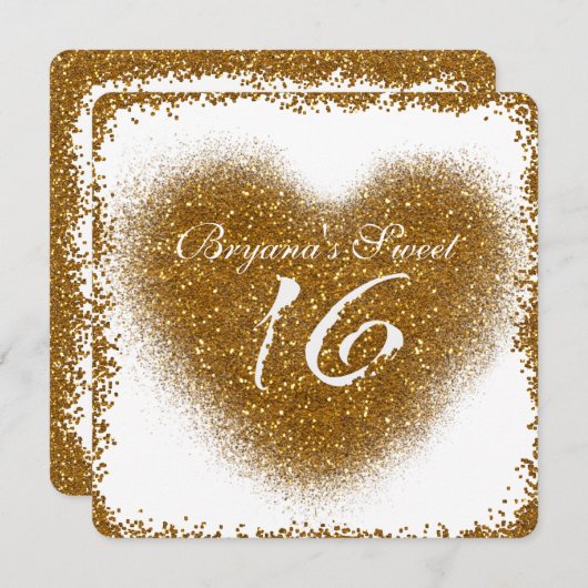 Gold Glitter Spill Sweet 16 Heart Glam Uitnodiging (Voorkant / Achterkant)