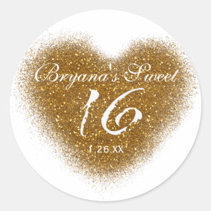 Gold Glitter Spill Sweet 16 Heart Party Stickers