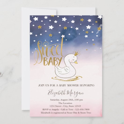 Gold Glitter Star, Swan Baby shower Kaart (Voorkant)