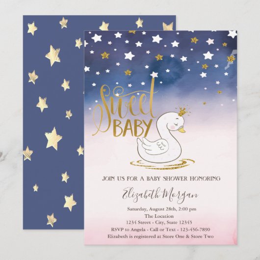 Gold Glitter Star, Swan Baby shower Kaart (Voorkant / Achterkant)