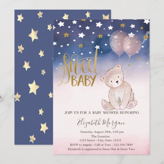 Gold Glitter Star, Teddy Bear Balloons Baby shower Kaart (Voorkant / Achterkant)