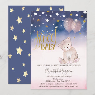 Gold Glitter Star, Teddy Bear Balloons Baby shower Kaart