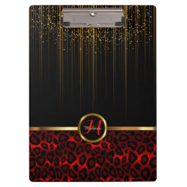 Gold Glitter Starlights en Red Leopard Skin Design Klembord