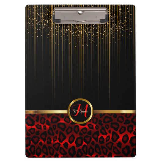 Gold Glitter Starlights en Red Leopard Skin Design Klembord (Voorkant)