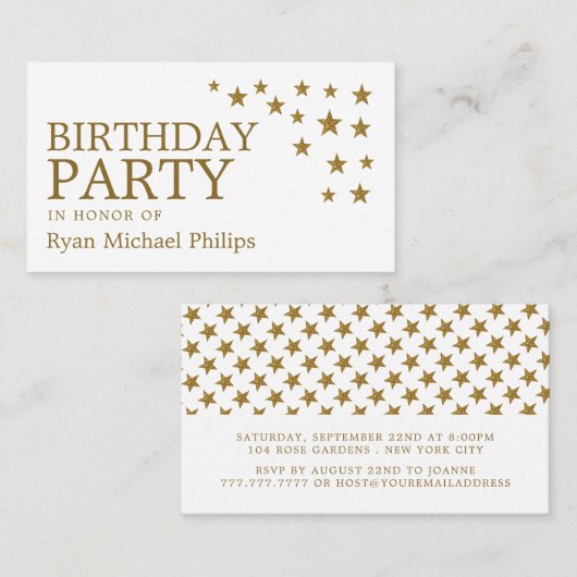Gold Glitter Stars, Birthday Party Ticket (Voorkant / Achterkant)