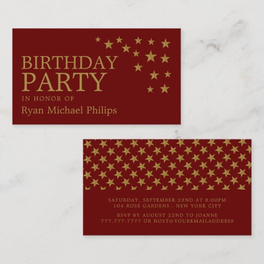 Gold Glitter Stars, Birthday Party Ticket (Voorkant / Achterkant)