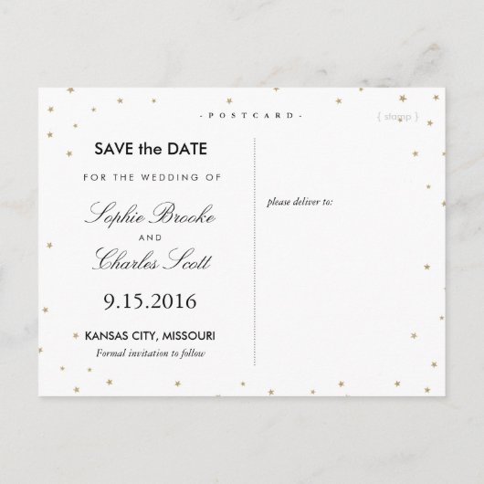 Gold Glitter Stars Fancy Sla het Briefkaart Datum  (Achterkant)