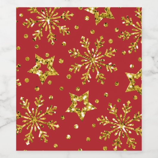 Gold Glitter Stars & Snowflakes Wijn Etiket (Enkel label)