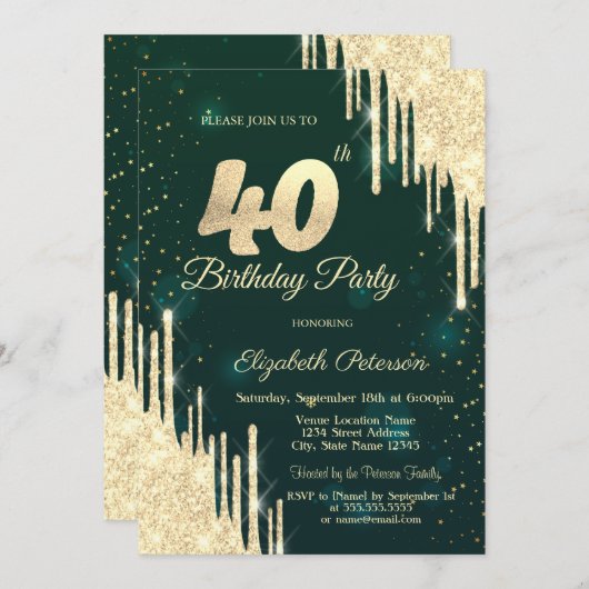 Gold Glitter steekt groen 40e verjaardag af Kaart (Voorkant / Achterkant)