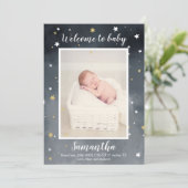Gold glitter sterren waterverf foto baby geboorte aankondiging (Staand voorkant)