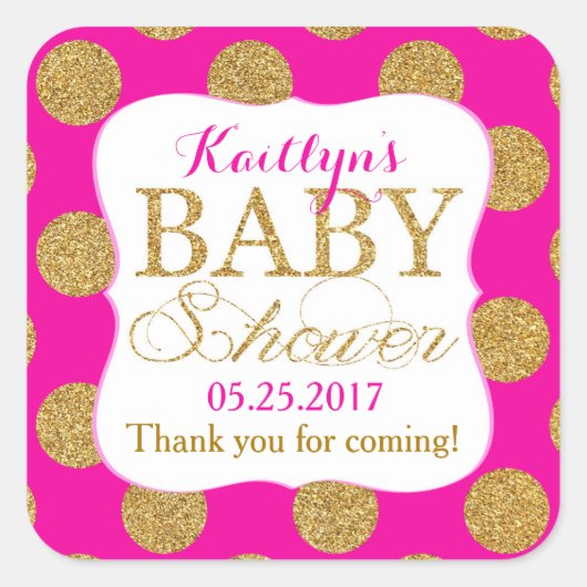 Gold Glitter Stippen Hot Pink Baby shower Label (Voorkant)