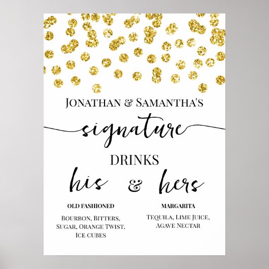 Gold Glitter Stippen Signature Drinken Wedding Poster (Voorkant)