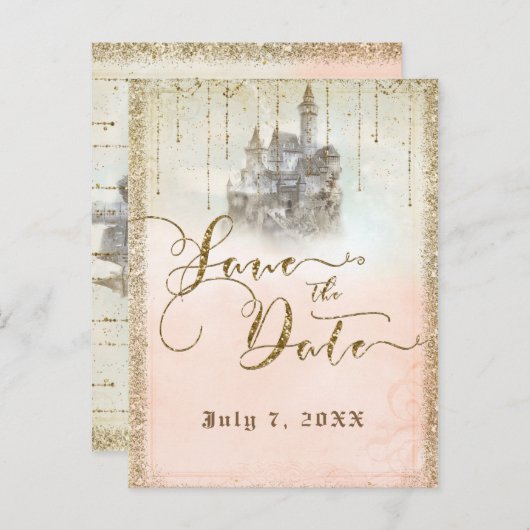 Gold Glitter Storybook Castle Bewaar de datum Aankondigingskaart (Voorkant / Achterkant)