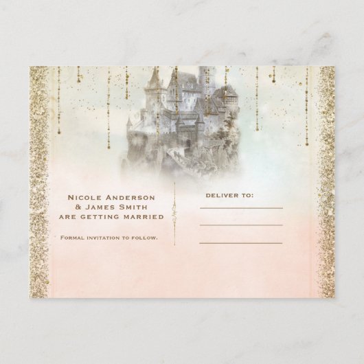 Gold Glitter Storybook Castle Bewaar de datum Aankondigingskaart (Achterkant)
