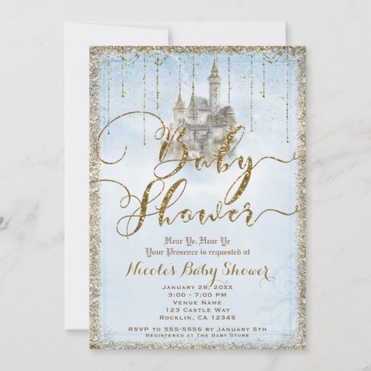 Gold Glitter Storybook Castle Blue Baby shower Kaart (Voorkant)
