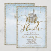 Gold Glitter Storybook Castle Blue Baby shower Kaart (Voorkant / Achterkant)
