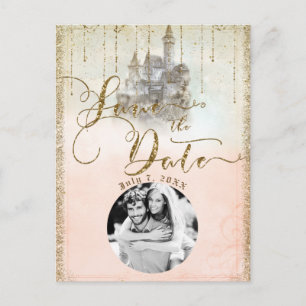 Gold Glitter Storybook Castle Save the Date Photo Aankondigingskaart