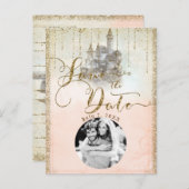 Gold Glitter Storybook Castle Save the Date Photo Aankondigingskaart (Voorkant / Achterkant)