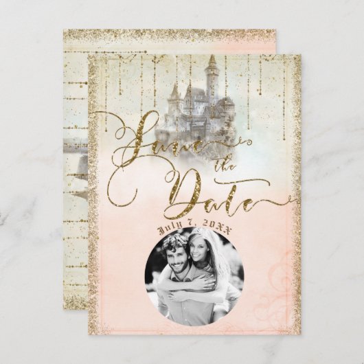 Gold Glitter Storybook Castle Save the Date Photo Aankondigingskaart (Voorkant / Achterkant)