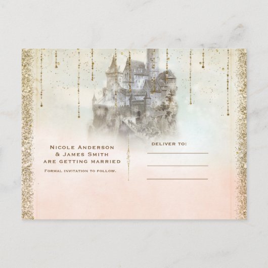 Gold Glitter Storybook Castle Save the Date Photo Aankondigingskaart (Achterkant)